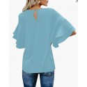 A Crystal Blue Women's Casual 3/4 Tiered Bell Sleeve Crewneck Loose Tops Blouses Shirt